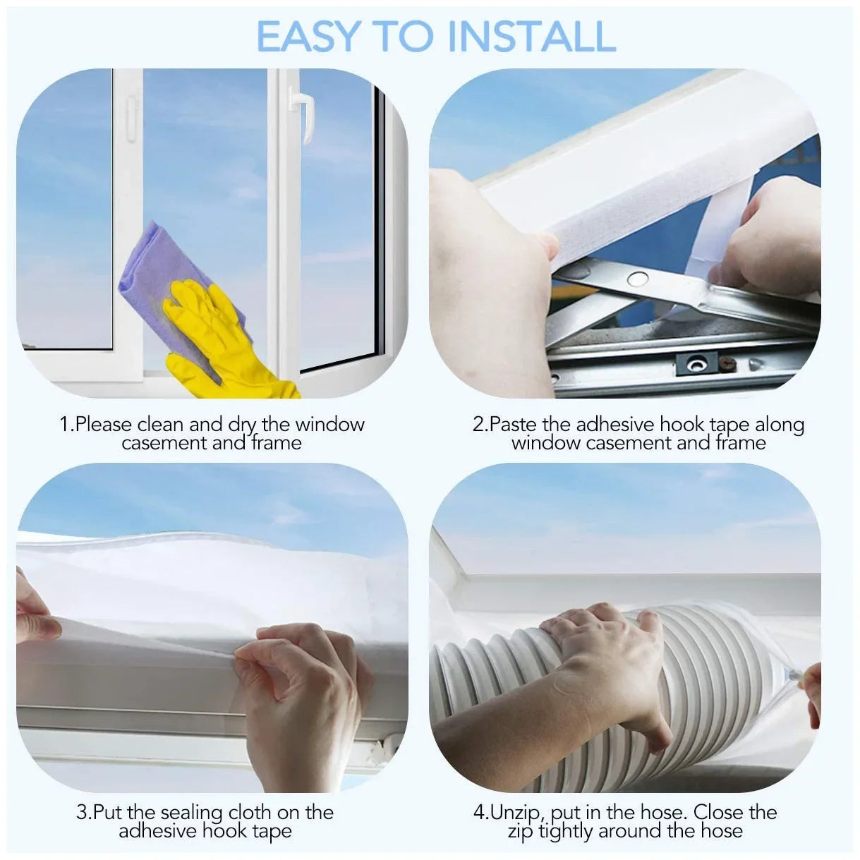 Air Conditioner Window Seal Kit, 3M/4M Flexible Cloth with Zip & Adhesive Fastener, Waterproof AC Sealing Plate for Mobile AC