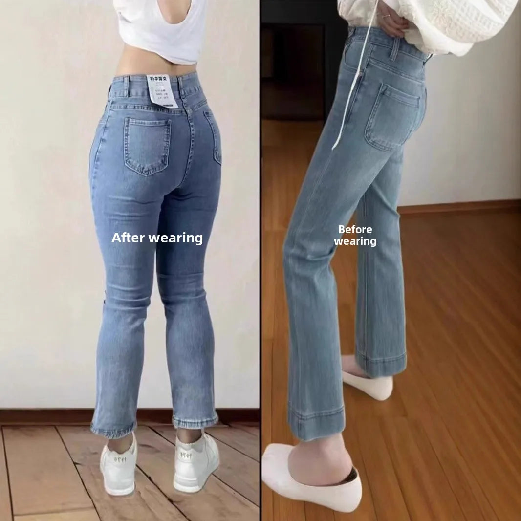 Jeans taille haute amincissants à jambe large pour femmes, pantalon en jean fin d'été, petite taille, coupe droite, micro-évasé, neuf points.
