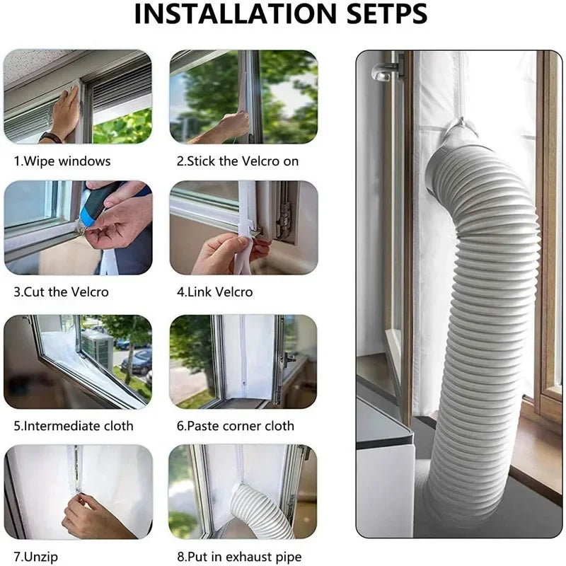 Joint de fenêtre AirLock 3/4/5M, portable, pour climatiseur, plaque d'étanchéité flexible en tissu avec fermeture éclair et fixation adhésive