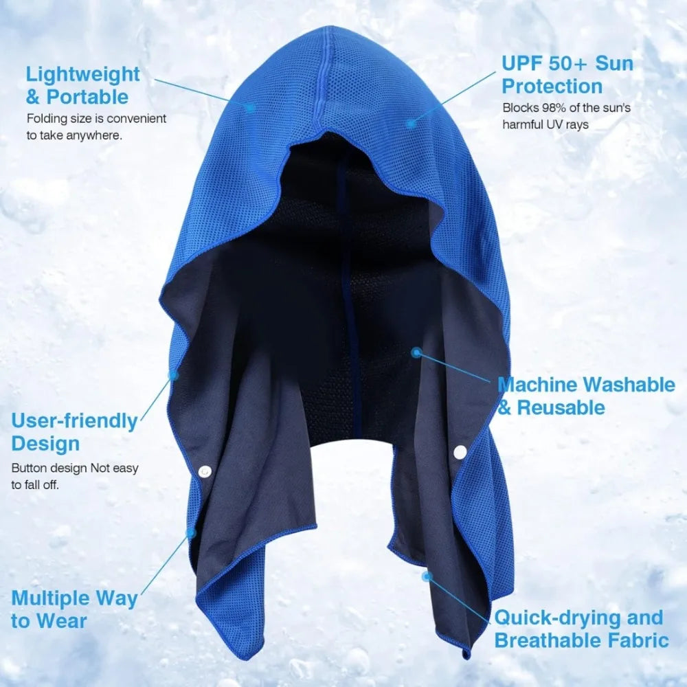 Summer Hooded Cool Towel Sun Protection Insulation Quick Drying Headscarf with Buttons for Hiking Fishing Outdoor Beach Sports