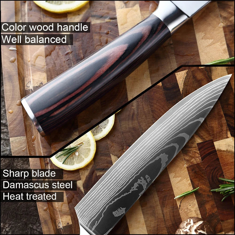 Ensemble de 4 Couteaux de Cuisine Motif Damas Acier Inoxydable 4Cr13 Manche en Pakkawood Couteaux d'Office, Universel, Santoku