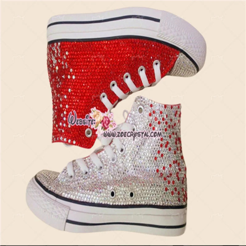 High top lace up red rhinestones creative canvas shoes for women banquet wedding all casual sports big size women's shoes 35-44