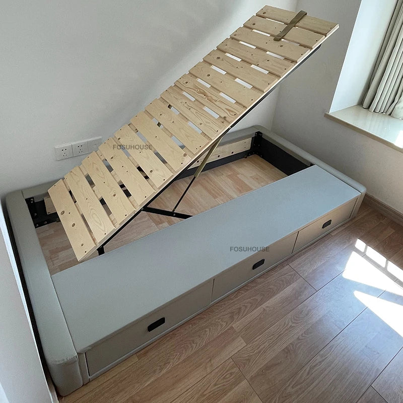 Tatami Storage Slatted Bed Small Apartment Bed Frames Home Floor-standing Solid Wood Leather Bed Frame Luxury Bedroom Furniture