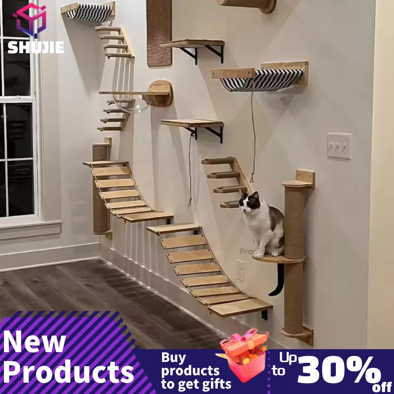 Wall Mounted Cat Climbing Shelves Cat House Cat Bridge Cat Hammock with Scratching Post and Pedals or Stairway for Kittens