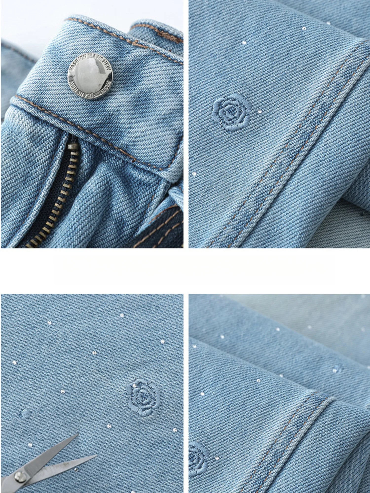 Floral Embroidered Wide Leg Jeans Women High Waist Rose Pattern Rhinestone Denim Pants Light Blue Loose Fit Cotton Stretch