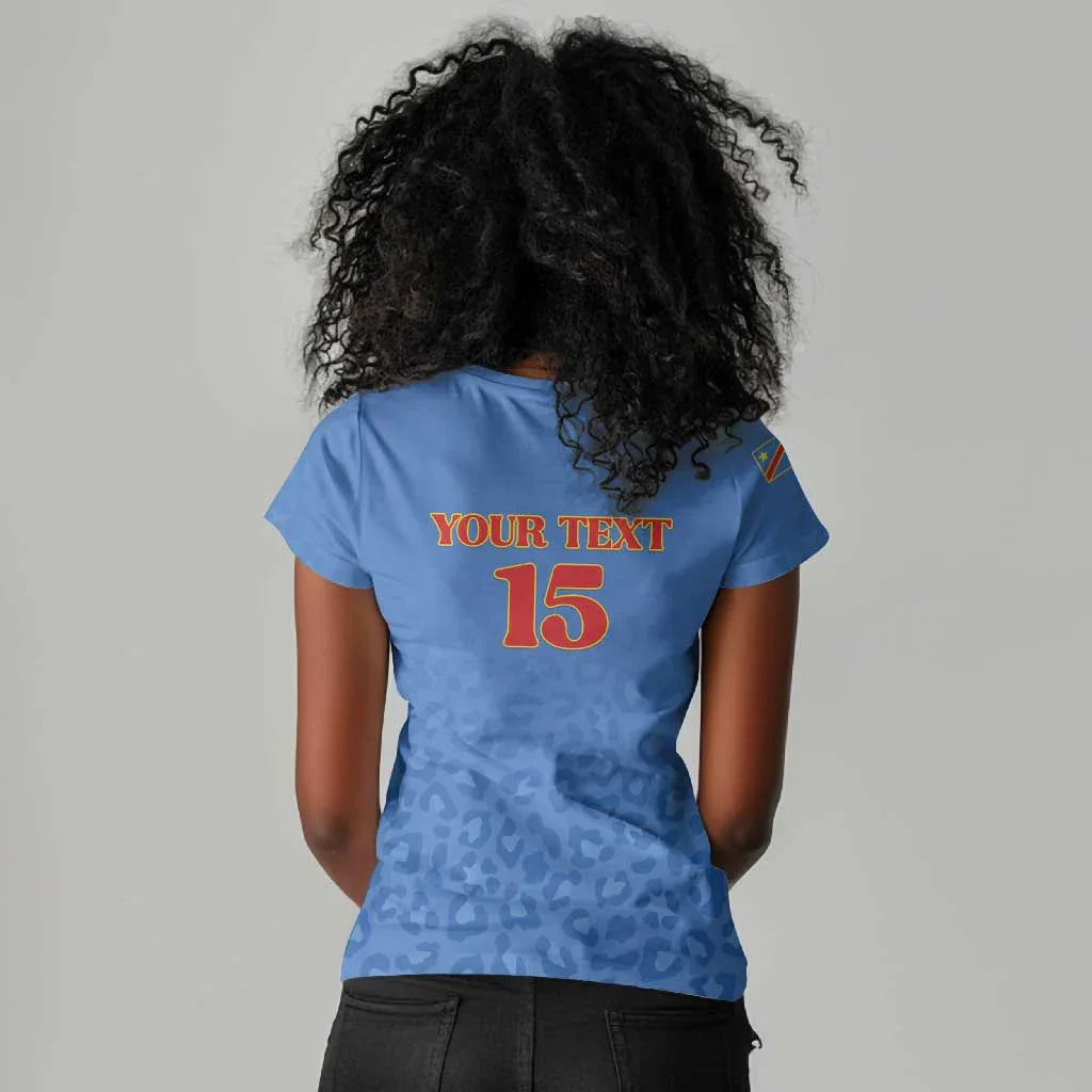 Democratic Republic of Congo Women's Blue Sweatshirt, V-neck T-shirt, Printed, Retro Minimalist Style Women's T-shirt Top