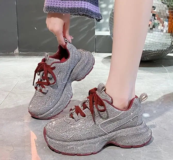 Luxury Women Bling Running Shoes Chunky Sneakers Fashion Casual Genuine Leather Breathable Height Increased Flat Platform Shoe