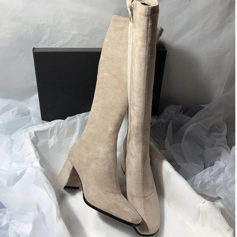 Square Toe Sexy High Heel Knee-high Boots2026 Autumn Luxury Brand Women's Warm Suede High Boots Walking Dress Slim Women's Boots