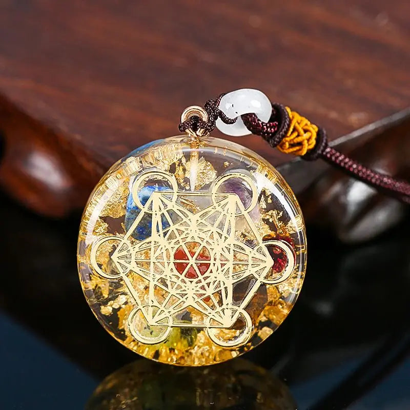 7 Chakra Metatron Cube Orgone Pendant Necklace with Golden Foil Spiritual Reiki Healing Crystals Natural Stone Charm Jewelry