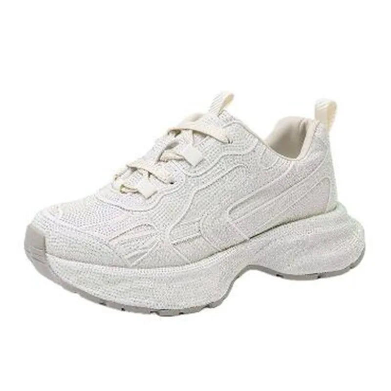 Luxury Women Bling Running Shoes Chunky Sneakers Fashion Casual Genuine Leather Breathable Height Increased Flat Platform Shoe