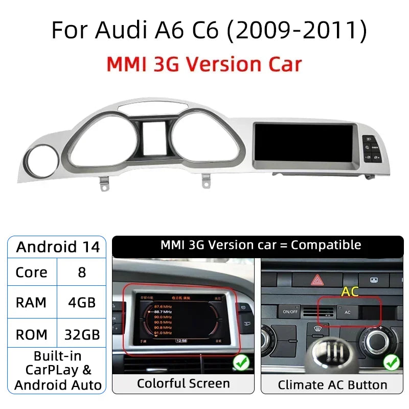 Android 14 8+128GB CarPlay For Audi A6 C6 4f 2005-2009 MMI 2G 3G GPS Car Multimedia Player Navigation Auto Radio Stereo DSP WIFI