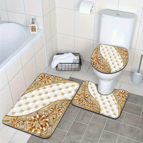 3pcs Nordic Style Gorgeous Series Gold Diamond Flower Pattern Bathroom Mat Set Toilet Seat Ring U-shaped Foot Mat