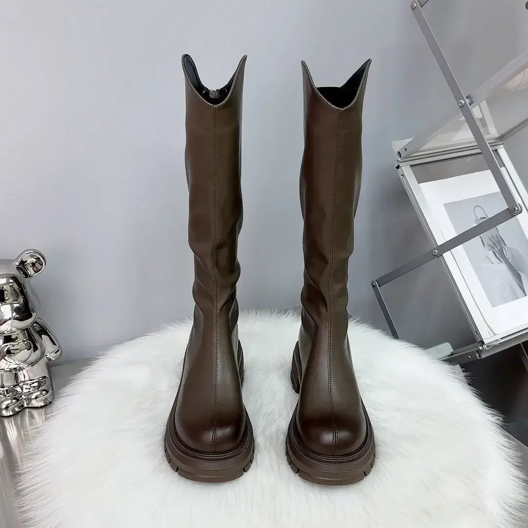 2025 Woman's Boots Autumn New Fashion Platform Long Pipe Knight Boots Casual Women's Medium Heel Knee High Boots Botas Mujer