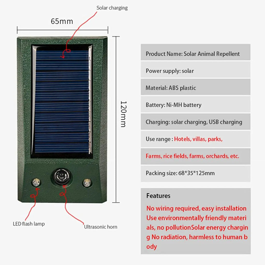 Solar Animal Repeller Ultrasonic Deterrence Two-Mode Adjustment IP66 Waterproof Suitable for Courtyard Garden