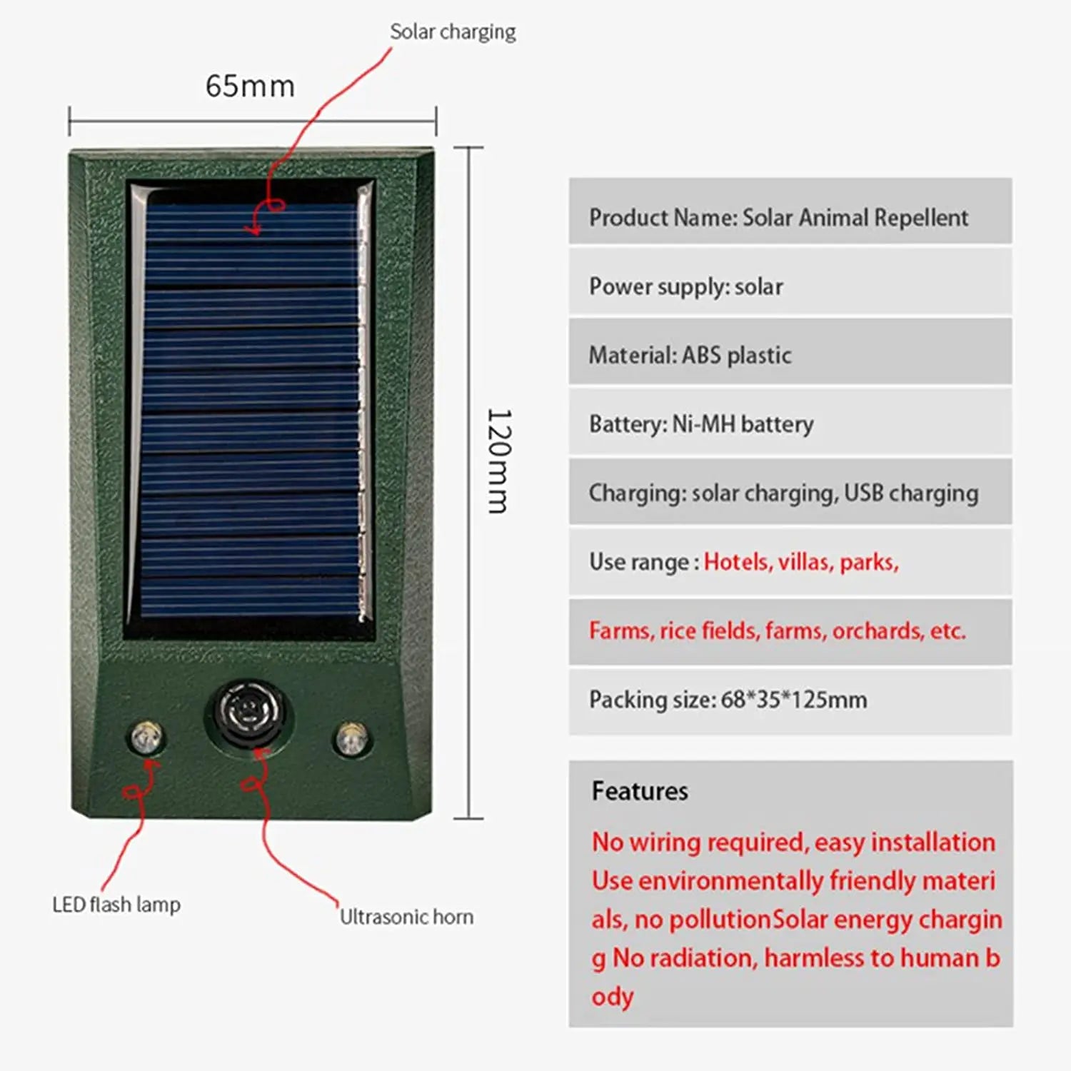 Solar Animal Repeller Ultrasonic Deterrence Two-Mode Adjustment IP66 Waterproof Suitable for Courtyard Garden