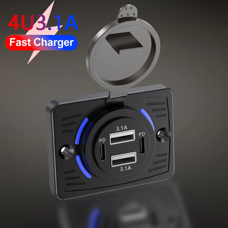 12V-24V Dual USB QC3.0 PD 3.1A/2.1A Car Charger Socket Quick Charge with Sliding Cap Outlet Panel Adapter for Truck Camper RV