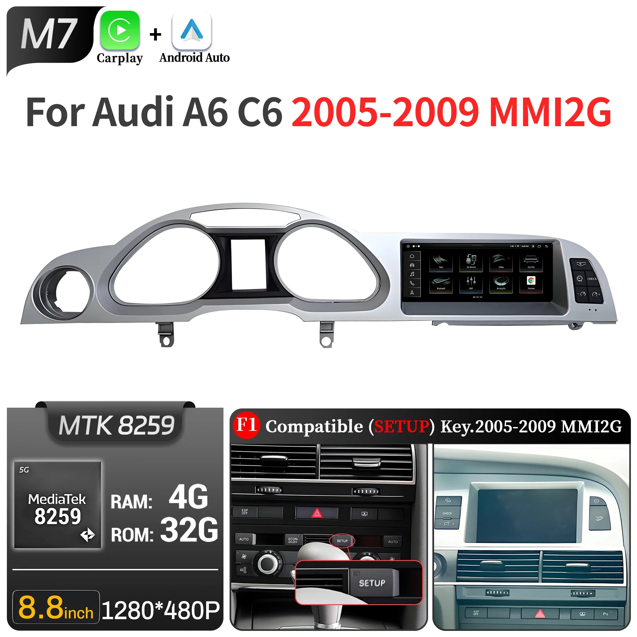 8.8 inch Left Hand Drive Android 14 For Audi A6 C6 2005-2011 Car Radio Wireless BT Carplay Qualcomm Snapdragon 680 Touch Screen