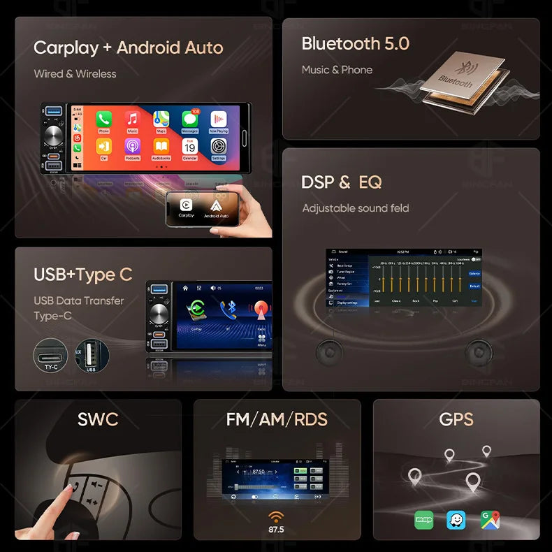 1din 6.5 "Universally Car Radio Car Multimedia Wireless Carplay/Android Auto/MirrorLink FM/AM  Headunit MP5 Player