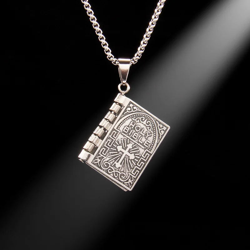 Gothic Style Religious Bible Men’s Necklace Alloy Steel Vintage Flipped Bible Pendant Necklace Gifts For Friend