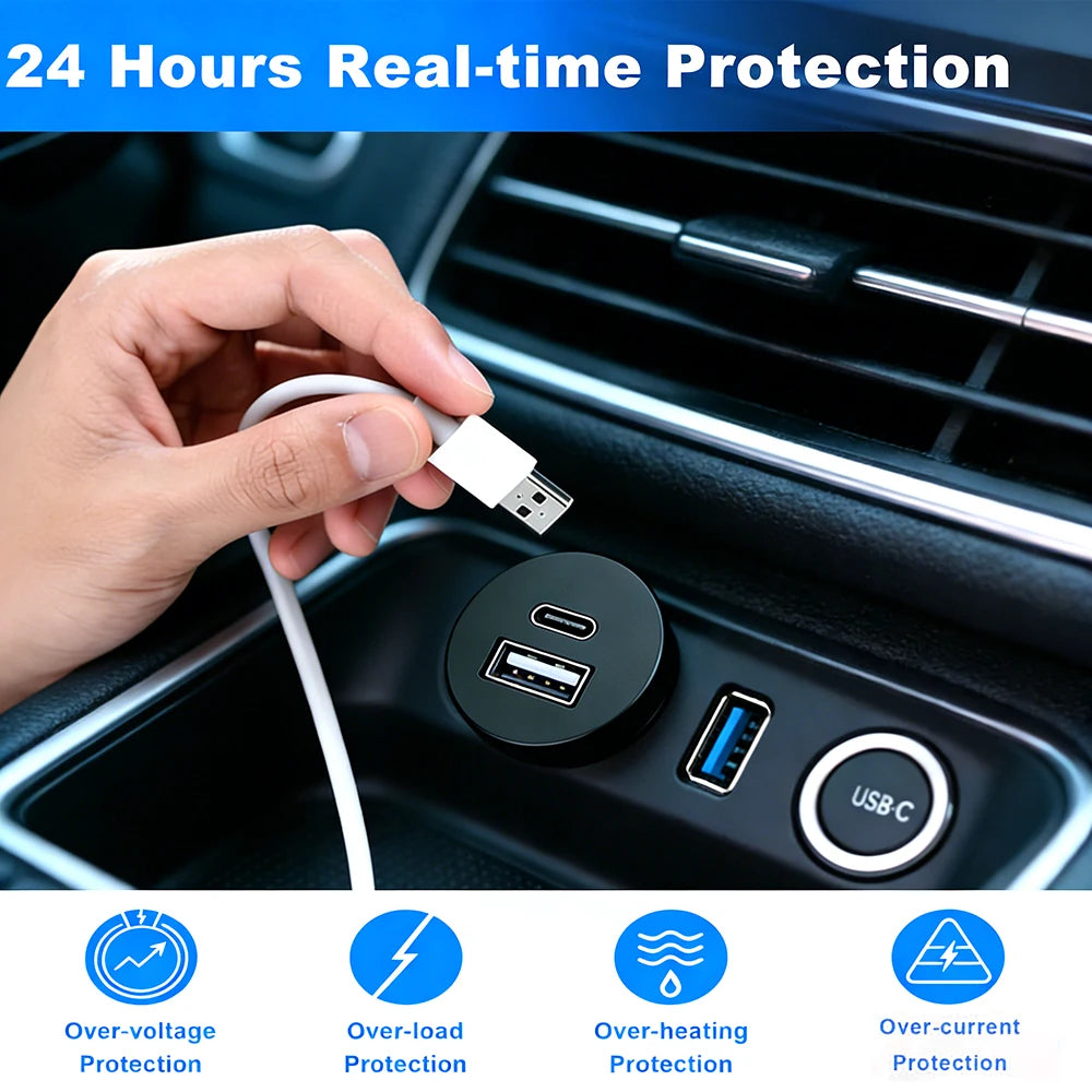 12V USB Outlet PD 3.1A Type-C & USB-C Charger Socket Dual Ports Recessed Mount Car Charger Replacement for RV Camper Trailer
