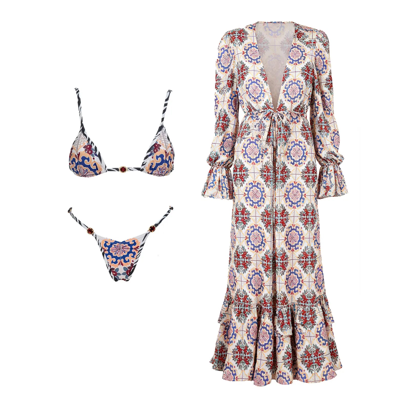 Maillot de bain 3 pièces push-up 2026 à imprimés rétro avec pantalon en maille, maillot de bain sexy pour femme, paréo de plage à bretelles