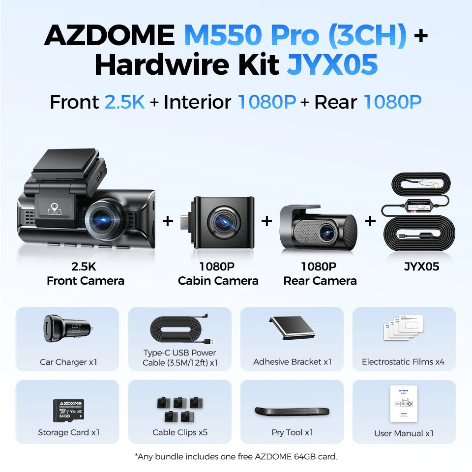 AZDOME M550 Pro Dash Cam Car DVR 5.8Ghz WiFi 3.19" IPS 2 or 3 Channel Dash Camera GPS Night Vision Dual 4K+1080P Parking Monitor