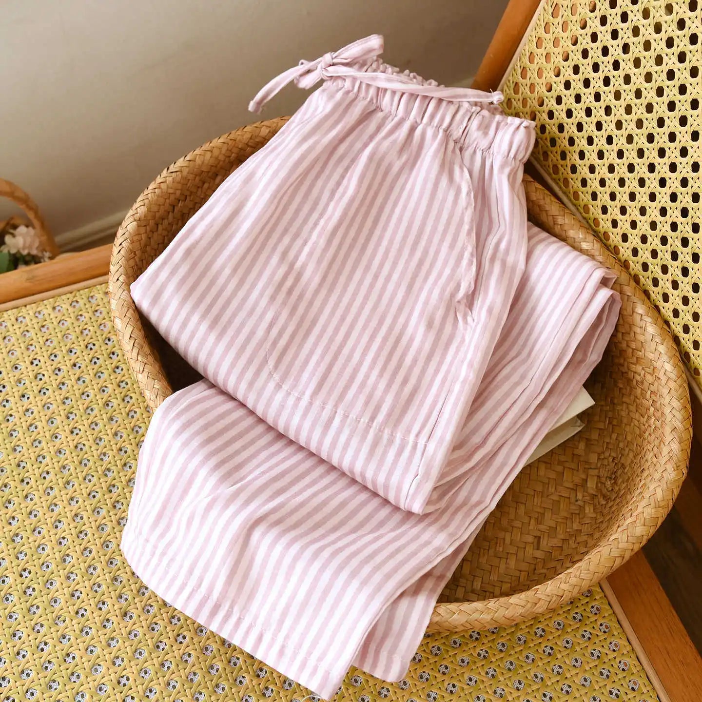 2026 New Women's Spring/Summer Sleeper Pants 100% Cotton Gauze Striped Tether Pants Striped Loose Thin Home Pants