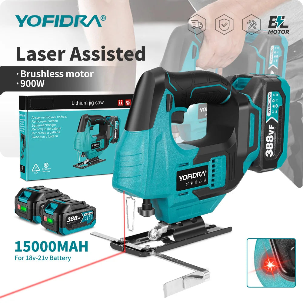 YOFIDRA Brushless 19mm Electric Jig Saw Infrared Laser Curve Saw Variable Speed MultiFunction Cutter For Makita 18V Battery Pin