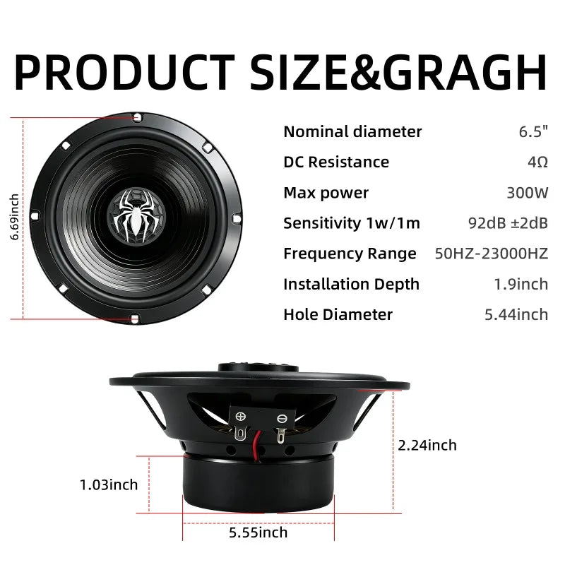 2pcs 6.5 Inch Car Coaxial Speaker 300W High Sensitivity Universal Car Audio Subwoofer Speakers For Car & Home Theater System Upg
