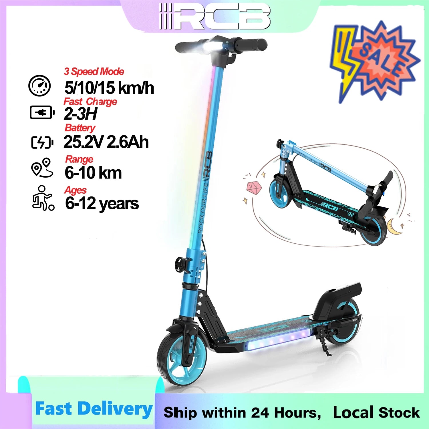 RCB R12 6-12 year old child electric scooting Lights RGB Non-zero start Double brake LCD screen 3-speed foldable