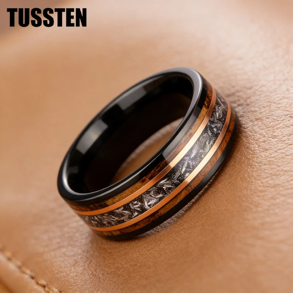 TUSSTEN 8MM Men's and Women's Wedding Tungsten Ring Inlaid Wood And Meteorolite Inlay Comfortable Fit
