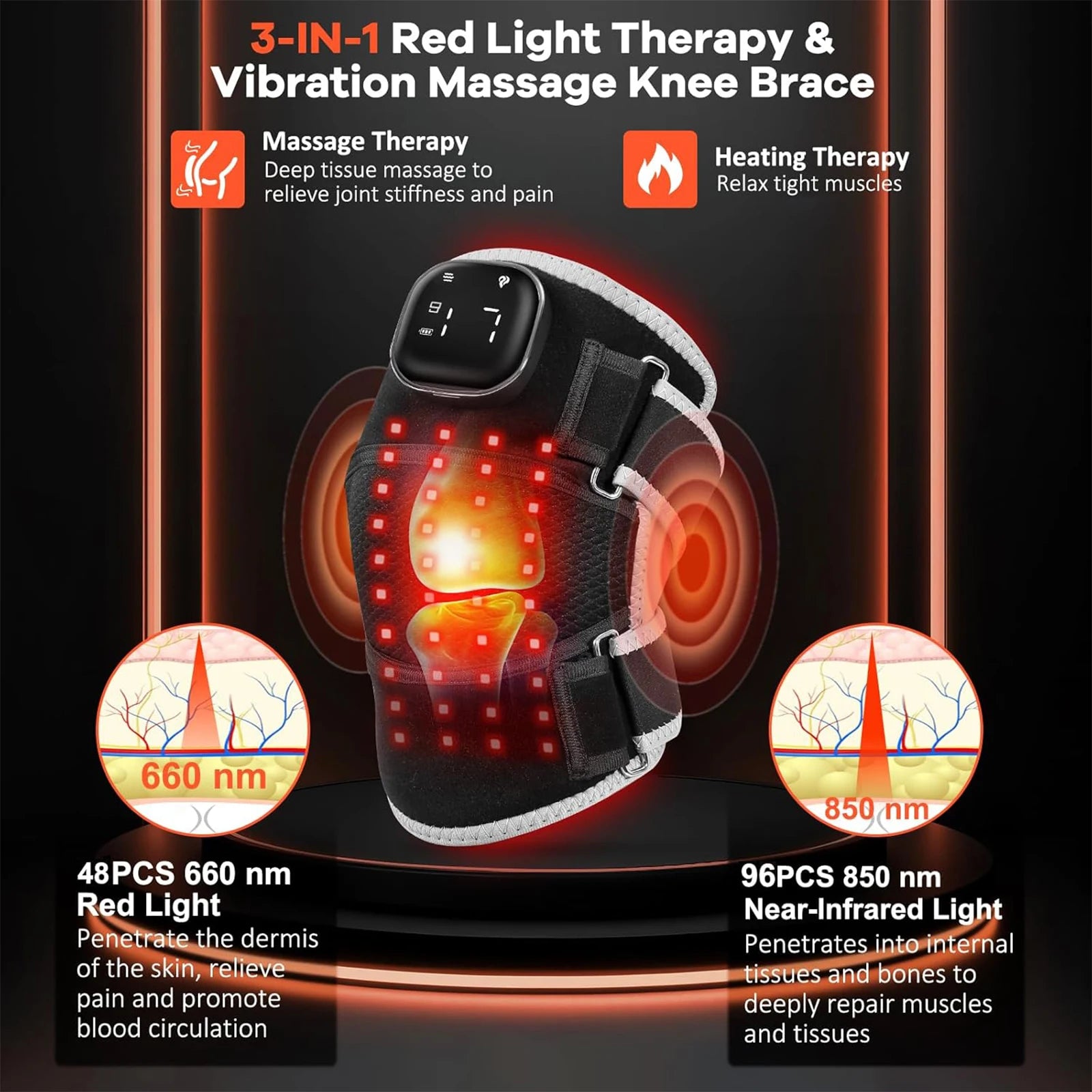 USB 3-IN-1 Red Light Therapy Brace 660nm 850nm Infrared Heating Vibration Massage Pad for Knee Shoulder Elbow Joint Pain Relief