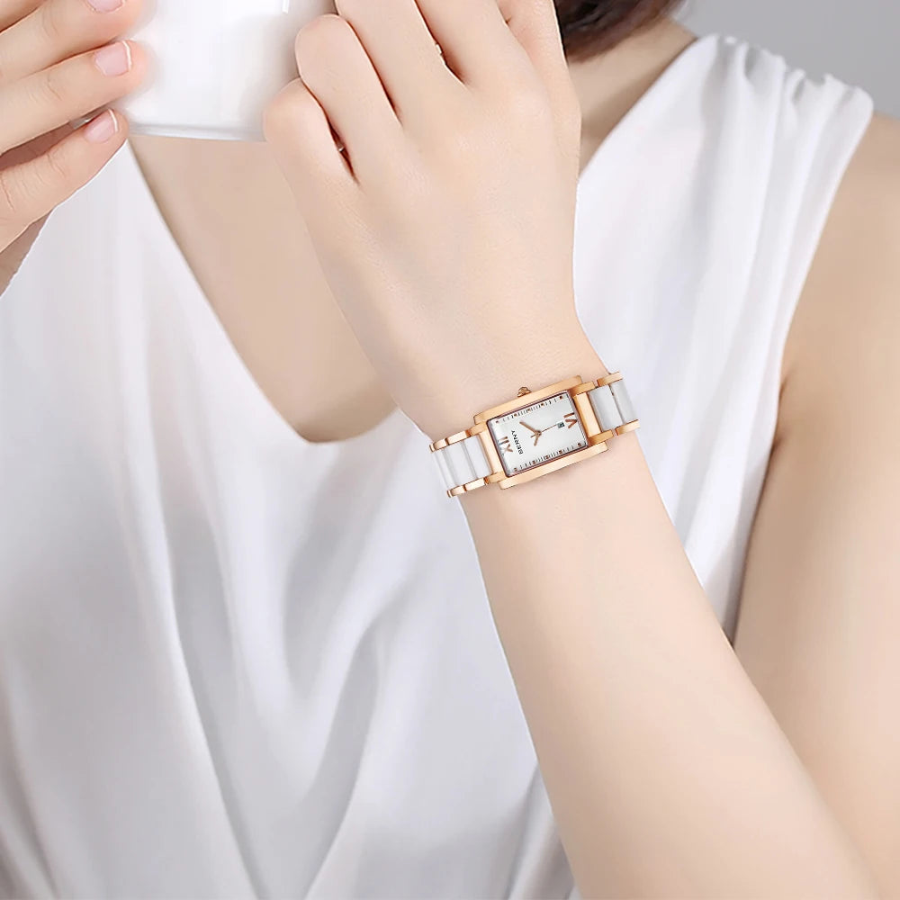 BERNY Women's Watches Calendar Date Elegant Classic Rectangle Ceramics Quartz Ladies Watch Luxury Fashion Women Wristwatch
