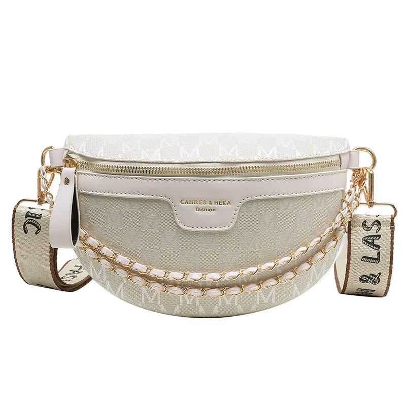 Printed Letter Plaid Pattern Fanny Packs For Women Fashionable Chain Waist Bag Female Waist Pack Ladies Wide Strap Crossbody Bag