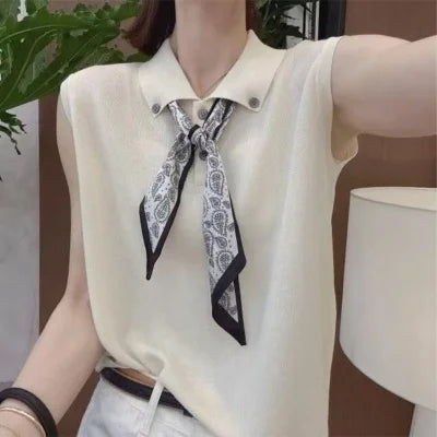 Women's Fashionable Summer 2026 Knitwear with Scarf Sleeveless Small Collar Trendy High-End Base Shirt Top