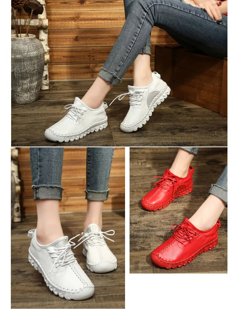 Handmade Genuine Leather Women Shoes Fashion Casual Sneakers Retro Flats Ladies Lacing Loafers Breathable Vulcanized Shoes
