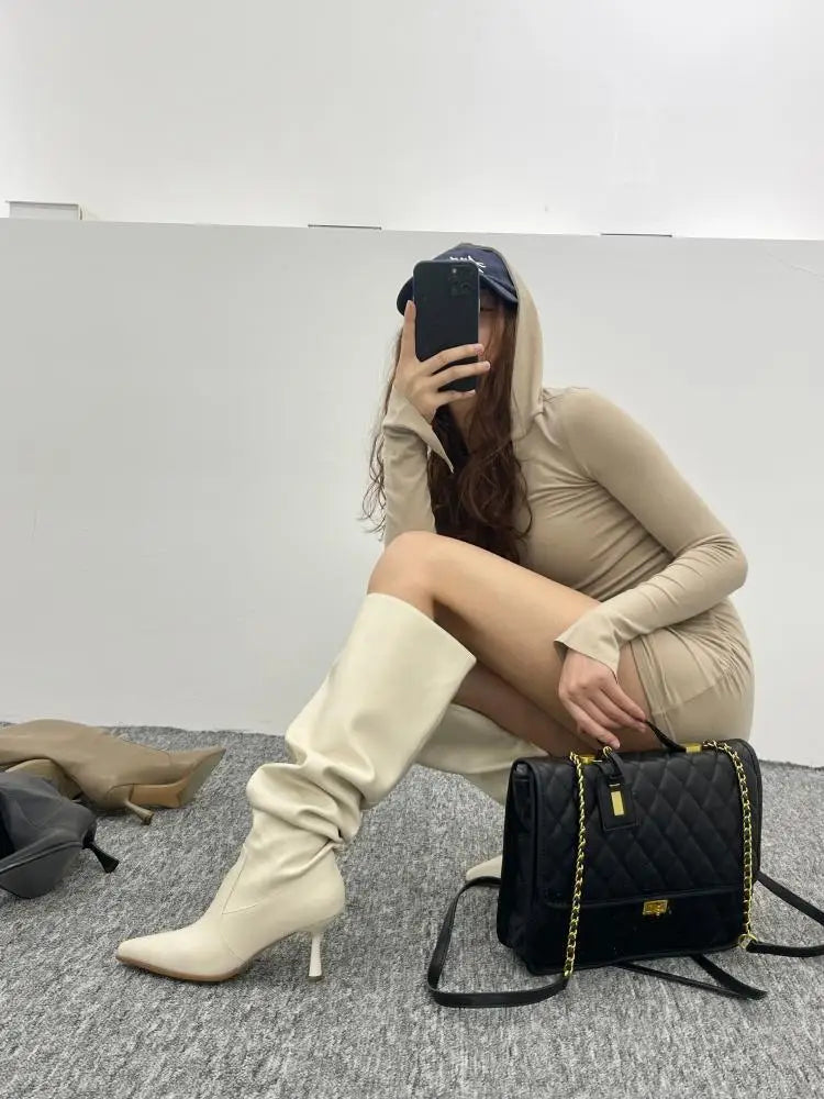 Party Modern Ladies Knee High Boots Pointed Toe Fashion Pleated Western Women Long Boots Shoes Female Pumps Heels Shoes