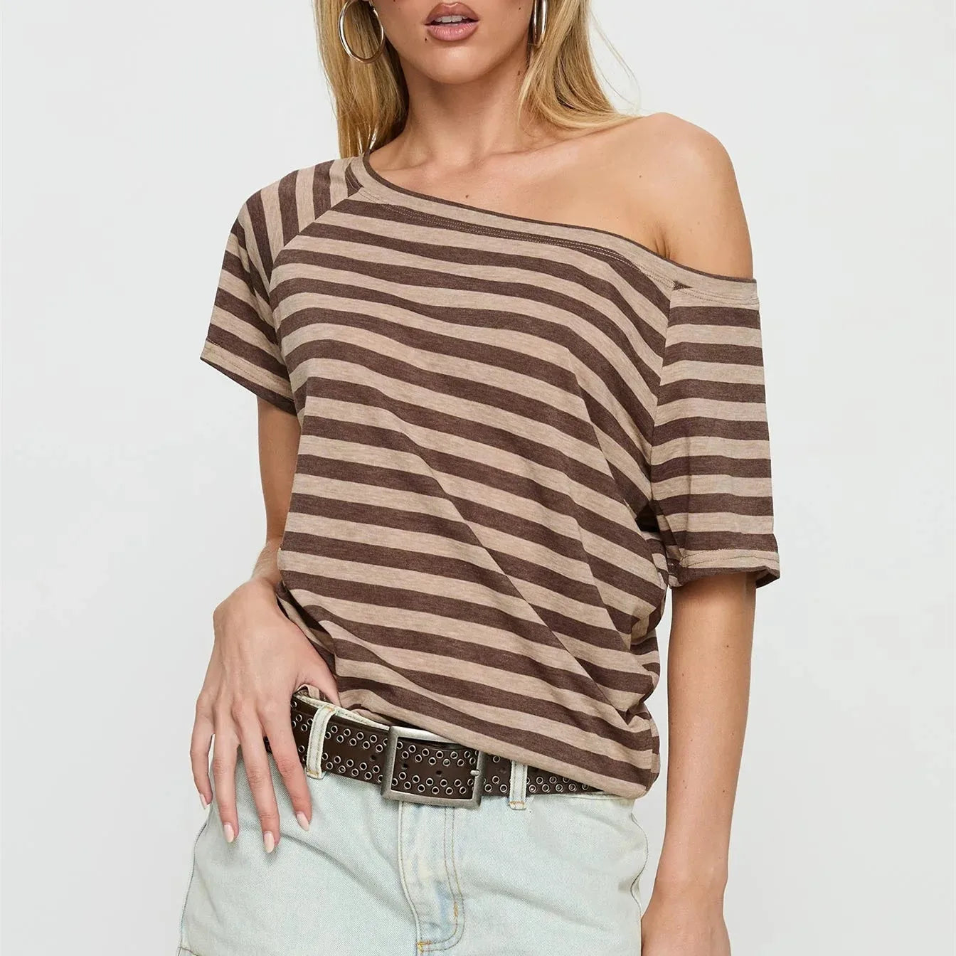 Womens Solid Striped Off One Shoulder Short Sleeve T Shirt Y2k Cute Sweet Fairy Vintage Aesthetic Preppy Summer Casual Tee Tops
