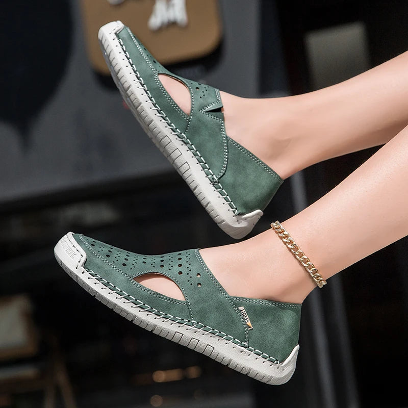 Unisex Sandals Hand Sewn Leather Hollow Out Outdoor Casual Shoes Comfortable Soft Summer Fashion Street Walking Shoes Women