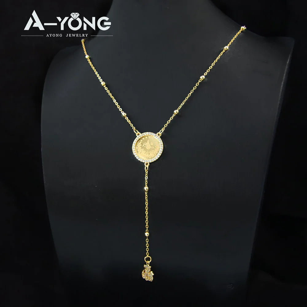 Italian Fashion Zirconia Necklace 21k Gold Plated Arabic Fashion Coins Pendant Chains Dubai Women Vintage Ayatul Kursi Jewelry