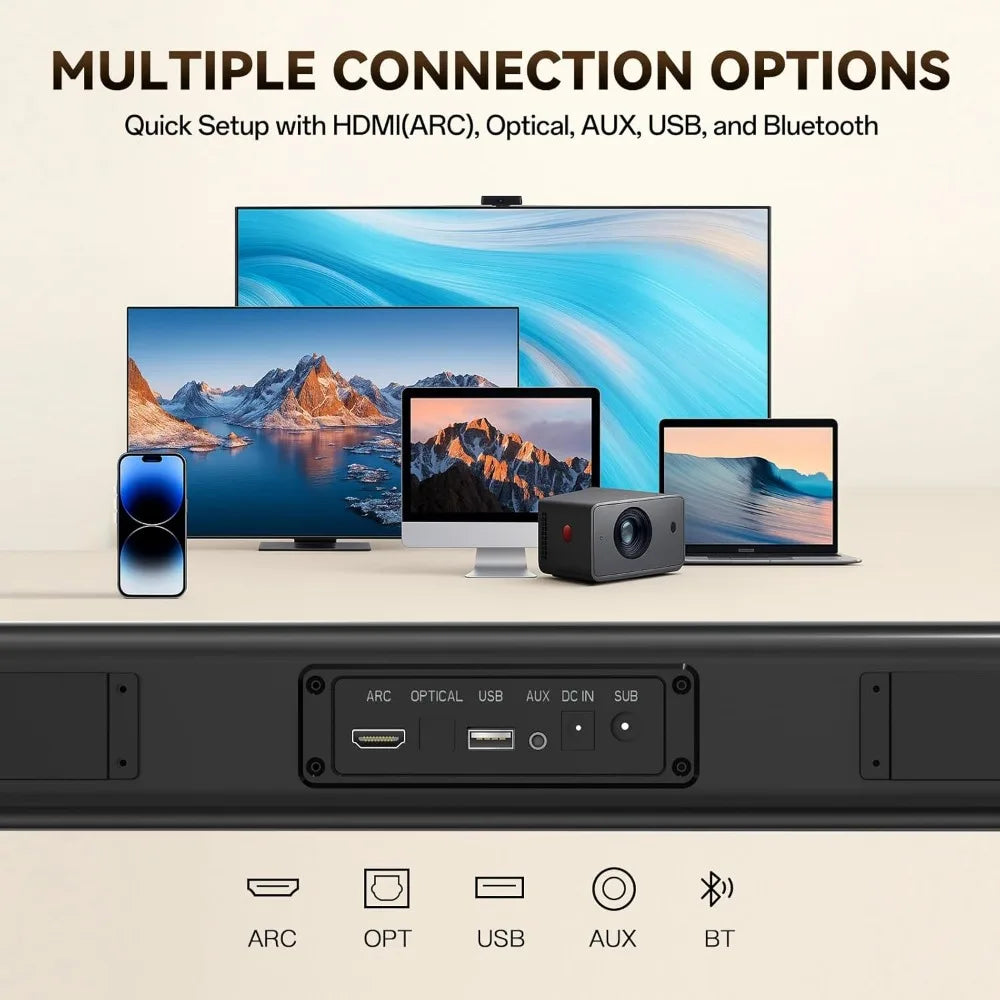 Barre de son sans fil avec caisson de basses, home cinéma 2.1 canaux, HDMI ARC optique USB, fixation murale, 3 modes EQ pour TV PC Gaming