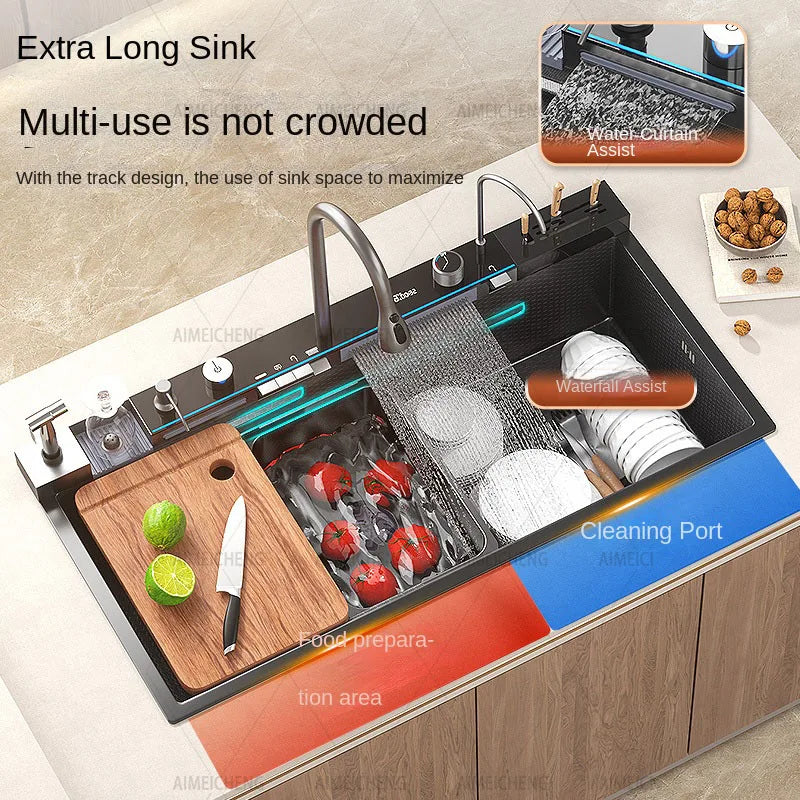 Stainless Steel Kitchen Sink with Faucet Digital Display Large Single Bowl Waterfall Rain 5 Functions System Dish Basin Sink