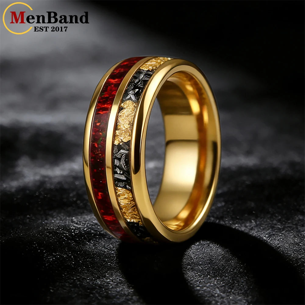 MenBand 6MM 8MM Men and Women Marriage Tungsten Ring Inlaid Red Opal and Meteorite Gold Foil，Couple's Ring, Promise Ring