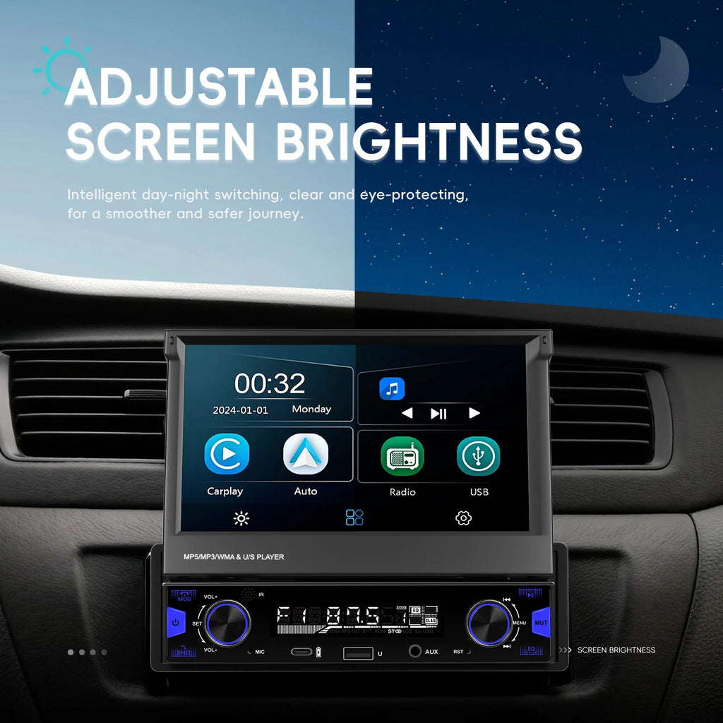 Podofo 7'' 1Din Retractable Screen EQ Sound FM/AM/RDS Multimedia Player Carplay Android Auto Bluetooth Type-C USB SWC Car Audio