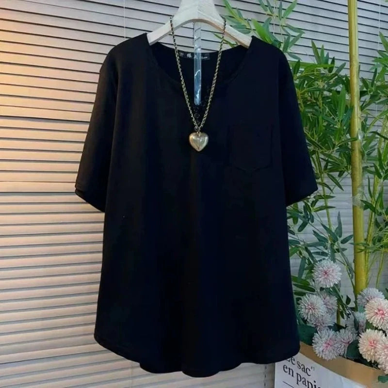 V Neck Pockets Patchwork Lazy Tops Short Sleeve Loose Solid Simplicity Casual T Shirts Summer New Fashion Trend Women Clothing