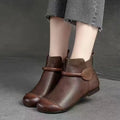 Retro Women Short Ankle Boots Autumn Winter Faux Cow Leather Slip-on Shoes Handmade Round Toe Light Weight Flat Booties