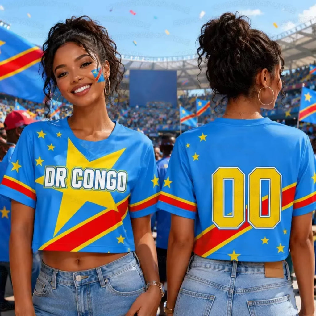 Été 2026 Nouveau Maillot de Football à Imprimé République Démocratique du Congo pour Femmes Col Rond Manches Courtes Maillot Court de Cheerleaders Crop Top T-shirt