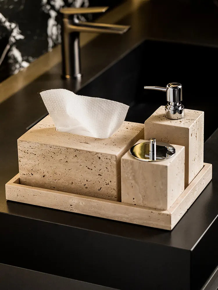 4Pcs Natural Travertine Bathroom Set Wabi Sabi Minimalist Soap Dispenser Tissue Box Luxury Hotel Show House Organizer Decor