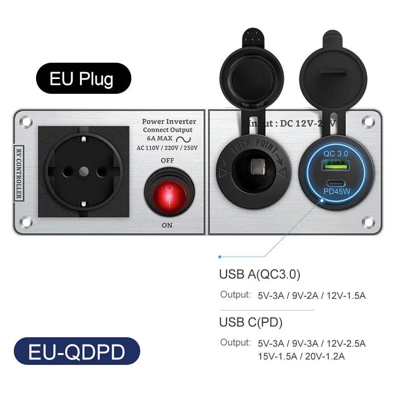 Chargeur de voiture multifonctionnel onduleur à panneau en aluminium AC110V 220V double port USB QC3.0 12V 24V pour VR, yacht, remorques de voyage