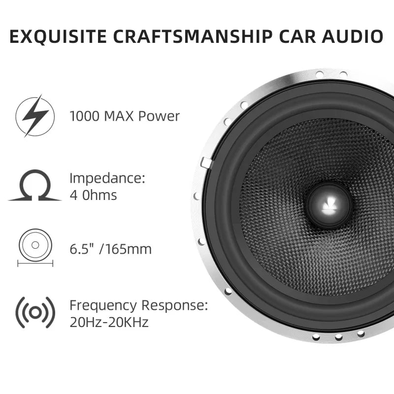 2 haut-parleurs médium/grave de 6,5 pouces, puissance de crête de 1000W, cône en fibre de carbone haute performance, woofers avec ogive en aluminium pour système audio de voiture